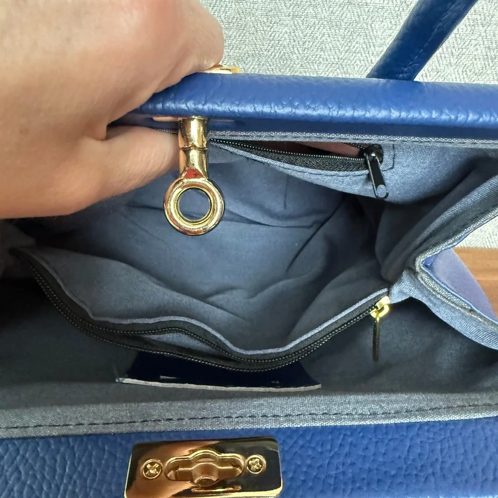 Italian Leather Satchel Quiet Luxury Y2K Cobalt‎ Blue Top Handle Crossbody Bag